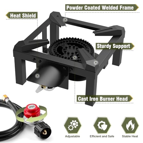 BESTFIRE Propane Burner, 100,000 BTUs High Pressure Single Propane Stove - Heat Shield and Guard, 4.1ft Adjustable Hose with Regulator, Gas Stove for Outdoor Cooking, Turkey Fry, Seafood Boil - color: 10'' single burner