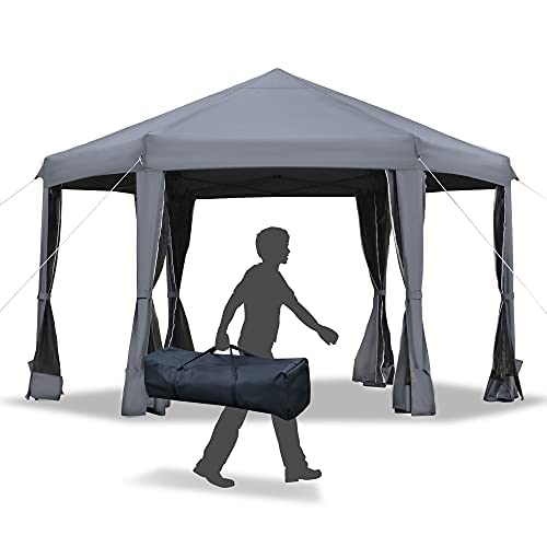 Outsunny 13' x 11' Hexagonal Pop Up Gazebo, Heavy Duty Outdoor Canopy Tent with 6 Mesh Sidewall Netting, 3-Level Adjustable Height and Strong Steel Frame, Gray - color: Dark Gray