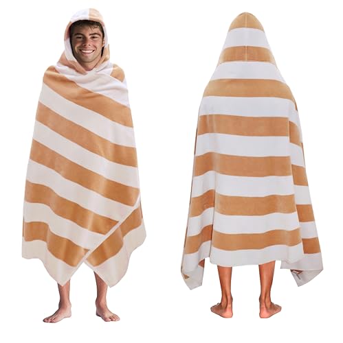 COTTON CRAFT Hooded Beach Towel – Oversized 39 x 68 Towel with Hood for Adults - 100% Ringspun Cotton Velour Terry Towel - 450 GSM Super Soft Plush Absorbent Quick Dry Bath Wrap – Cabana Stripe Linen - color: Cabana Stripe - Linen, size: 1 Pack - 39x68 Ho