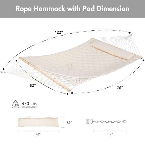 ANOW Outdoor Rope Hammock with Spreader Bars, Heavy Duty Hammock with Pad for Outdoors, 450 LBS Weight Capacity, Cream - color: Cream, size: Without Stand