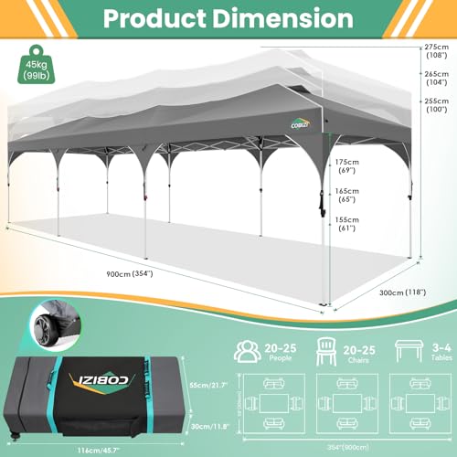 COBIZI 10x30 Pop Up Canopy Tent, Outdoor Party Tent with 5 Sidewalls, 1 Person Easy Set up, Tents for Parties with Fluorescent Strip & 4 Sandbags, Waterproof UPF50+, 3 Adjustable Height, Gray - color: Gray, size: 10x30FT