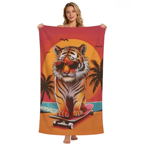 Tiger Beach Towel Funny Tiger Skateboarding Bath Towel for Kids Adults, Microfiber Lightweight Quick Dry Animal Red Orange Sunset Palm Tree Surf/Swim/Pool/Travel Towels, Oversized 32x52 - color: Tiger