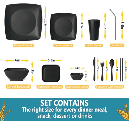 Teivio 88-piece With Flatware Plastic Kitchen Wheat Straw Square Dinnerware Set for 8, Unbreakable Dinner/Salad/Appetizer Plates, Snack Bowls, Dipping Sauce Cups,Tumblers, Dishwasher Safe Dish,Black ﻿ - color: Black