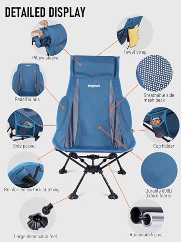 WildCall Lightweight Folding High Back Camping Chair with Head Support, Compact Beach Chair with Anti-Sinking Large Feet and Three Tilt Angles Adjustment - color: 2 X Blue High Back