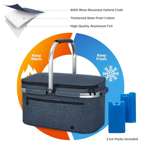 ALLCAMP Picnic Basket - 2 Ice Box Included 32L Insulated Cooler, Thickening Foldable Picnic Basket with Removable Baskets & Sewn-in Frame, Basket for House Warming Gifts New Home(Blue) - color: Blue, size: Large