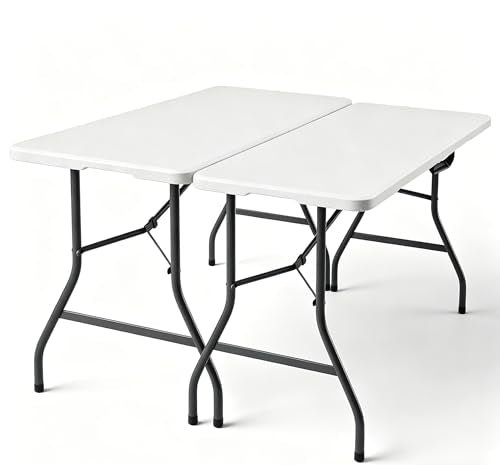 2 Pack 5ft Folding Table, Foldable Picnic Table with Carrying Handle, Heavy Duty Fold-in-Half Portable Table for Weddings, Camping, RV Travel, Parties, and Indoor Use, Easy to Fold and Store, White - color: White, size: 5ft-2 Pack