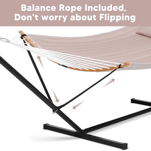 SUNCREAT 55 Inch Large Double Hammock with Stand, 450lbs Capacity, Outdoor Portable Hammock with Curved Spreader Bar, Extra Large Pillow, Tan - color: Tan