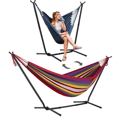 SUNCREAT 2-in-1 Convertible Backyard Fabric Hammock with Stand, Large Hammocks for Outside, Red Stripes - color: A-red Stripes