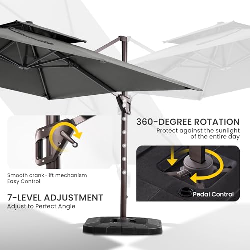 10x10 FT Cantilever Patio Umbrella with Base Included Double Top Outdoor Square Large Heavy Duty Aluminum Offset Umbrellas with 7 Level Tilt 360-degree Rotation for Pool Garden Deck,Grey - color: Grey, size: 10' X 10' - Weighted Base Included