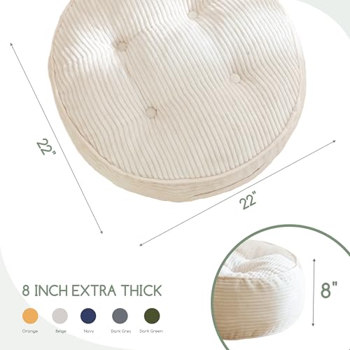 HIGOGOGO 8" Extra Thick Floor Pillow Cushion for Adults, Meditation Cushion Pillow, Large Round Floor Sitting, Tufted Corduroy Cover, for Tatami Living Room or Yoga, 22x22 Inch, 2Pack, Beige - color: Round Beige, size: 8" Thick(Pack of 2)