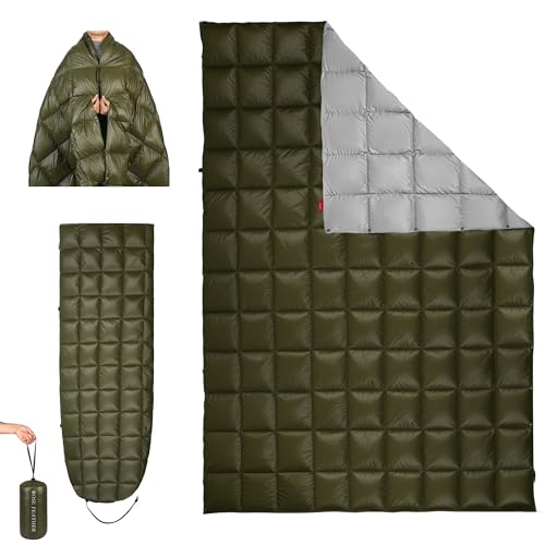 Down Camping Blanket - Lightweight, Packable, Warm & Puffy Outdoor Travel Quilt for Sleep, Hiking, Backpacking, Stadium, Festivals, Water-Resistant Sleeping Bag 55"x79" - color: Ranger Olive, size: 1LB 1.6OZ / 79" x 55"