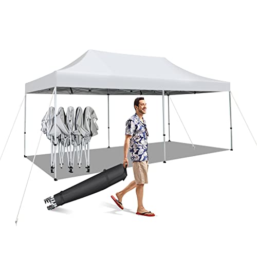 Tangkula 10x20 Ft Pop Up Canopy, UPF 50+ Easy Setup Instant Canopy Tent with 1-Push Center Lock, Wheeled Bag, 8 Stakes, 4 Ropes, Outdoor Commercial Sun Shelter Tent for Camping, Travel, Picnic - color: White, size: 10x20FT