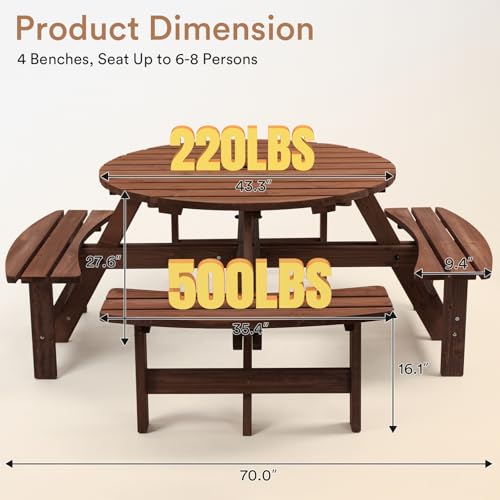 Zevemomo Wood Picnic Table for 8 People, Round Top with Umbrella Hole, 4 Built-in Curved Benches, 2220LBS Capacity for Patios & Backyards, Brown - color: Brown, style: 8-Person