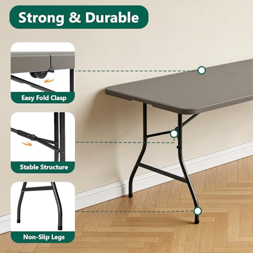 Folding Table 6FT Heavy Duty Plastic Table with Handle, Foldable&Portable, Fold-in-Half Utility Tables for Outdoor, Dining, Wedding, Events, Indoor, Picnic, Camping, Party,Khaki - color: Khaki, size: 6FT