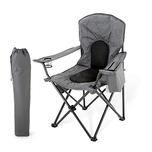 Arrowhead Outdoor Portable Folding Camping Quad Chair w/ 4-Can Cooler, Cup-Holder, Heavy-Duty Carrying Bag w/Easy Carry Shoulder Strap, Padded Armrests, Supports up to 330lbs, USA-Based Support - color: Grey