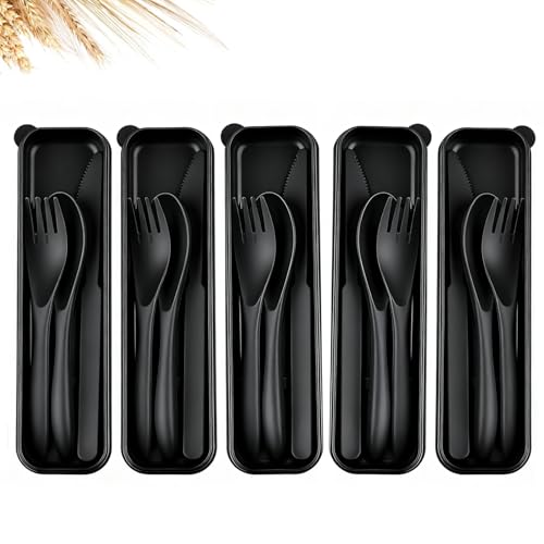 Travel Utensils Set - Reusable 5 Sets Wheat Straw Plastic Cutlery with Case, Portable Forks Spoons and Knives Set, Eco-Friendly BPA Free for Daily Use (5 Black) - color: 5 Black