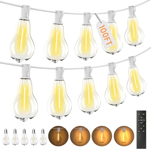 String Lights, 100FT Patio Lights with 64+5 Bulbs(1.5FT Bulbs Spacing), Outdoor String Lights, Remote & Dimmer, 3 Mode Light & Timing, 65PC Mounting Ties for Outside, 2200K (White) - color: White, size: Remote Control Model -100ft-64t