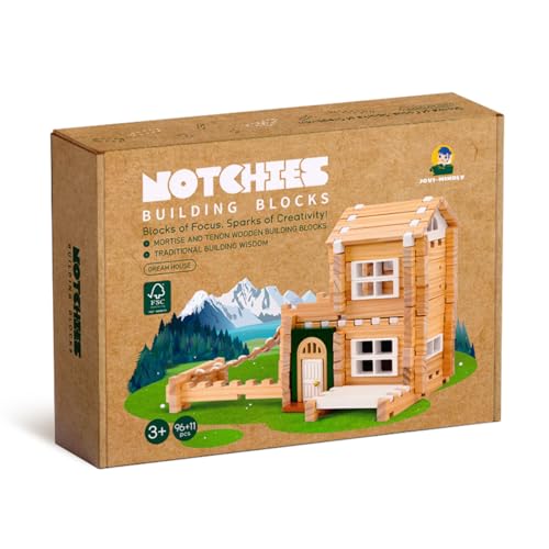 Jovi-mindly＆Notchies Building Blocks Set Wooden Blocks Toys (107 pcs) with Storage Bag, Educational Classic Wooden Blocks for Toddlers Ages 3+ Boys and Girls Aged Birthday Gift (with Printed Manual) - style: Dream House With Printed Manual