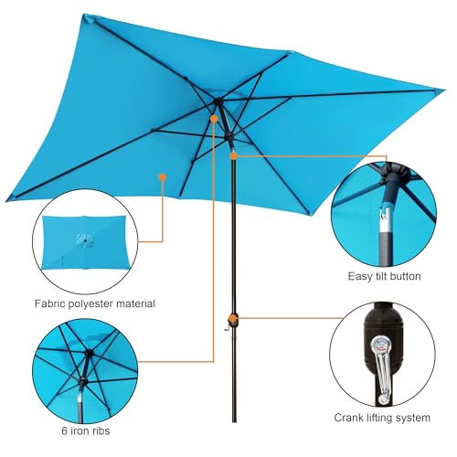 Blissun Rectangular Patio Umbrella, Table Market Umbrella with Tilt and Crank, Outdoor Umbrella for Garden, Deck, Backyard, Pool and Beach - color: Light Blue, size: 6.5 x 10 FT