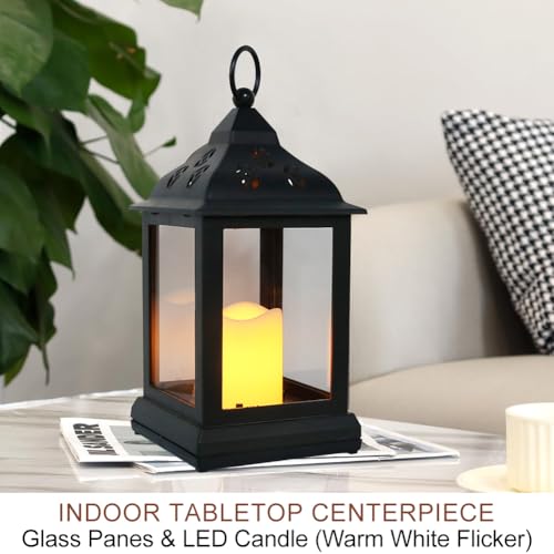 2-Pack 9.5" Vintage Decorative Candle Lantern with LED Flickering Flameless Candle (Black, 8hr Timer) - Indoor Hanging Lanterns Decorative Lanterns Battery Powered LED Candle Timer Candle - color: Black
