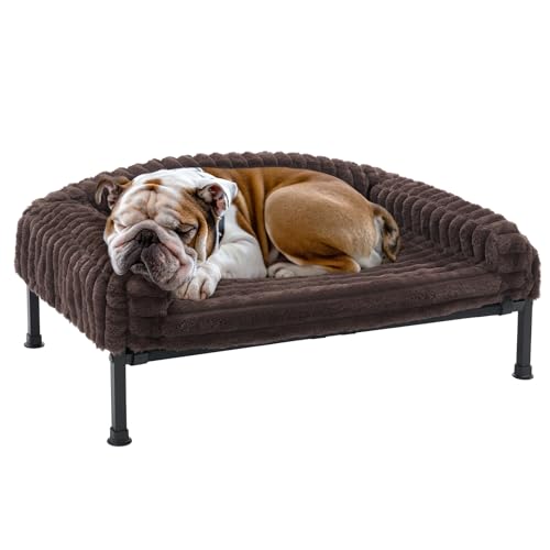 Veehoo Elevated Dog Bed with Bolster Cushion, Fluffy Plush Dog Couch Beds for Small Dogs, Cats, Washable Raised Pet Cot with Non-Slip Feet for Indoor or Patios Use, 36 x 28 Inches, Brown - color: Brown, size: 36.0"L x 28.0"W x 8.3"Th