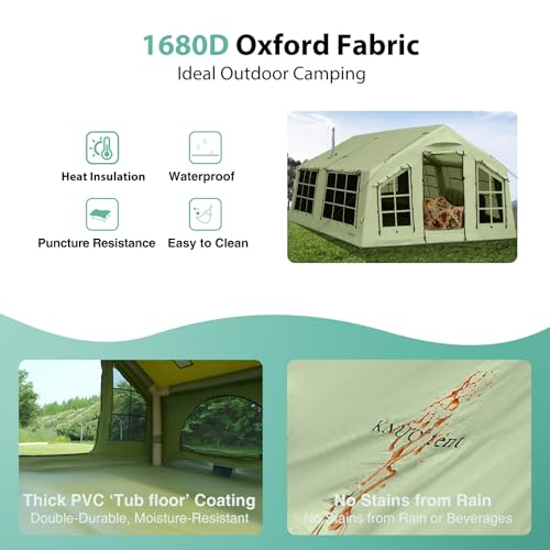 KNUO Inflatable Camping Tent, Large Blow-Up Air Tent, No Assembly Needed Luxury Glamping House, Oxford Fabric - color: Field Green-Dual-layer Doors, size: 12x15ft