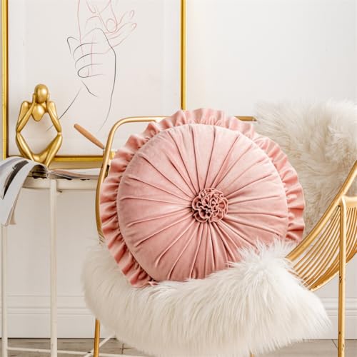 Round Velvet Ruffle Pillow,Round Throw Pillow,Boho Decorative Throw Pillow for Sofa, Bed, Chair, Car & Floor Seating,Floral Circle Cushion for Living Room, Home Decor (Pink) - color: Pink