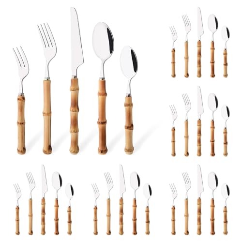 30PCS Silverware Set for 6, Bamboo Handle Flatware Set, Stainless Steel Cutlery Set for Home Restaurant and Party, Bamboo Forks Spoons and Knives Set, Polished Tableware - color: 30-Piece Service for 6