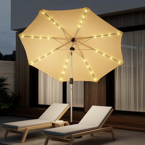 9FT Aluminum Patio Umbrella with 40-LED Solar Lighted, Fade-Resistant Outdoor Market Table Umbrella with Push Button Tilt Function, 8 Sturdy All-Aluminum Ribs for Gardens, Decks, Backyards & Pools - color: Beige, size: 9FT 40LED-1Tier (Aluminum Umbrella)