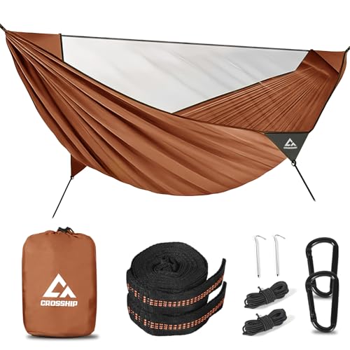 Camping Hammock with Mosquito Net – Portable Parachute Nylon Hammock Tent with Tree Straps, Camp Rope & Stake - for Hiking, Backpacking, Travel, Backyard, Beach – Holds Up to 500lbs (Orange) - color: Orange