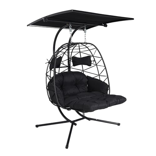 Double Egg Chair Outdoor with Stand & Adjustable Canopy, Extra Large 2 Person Hanging Chair with Leg Rests, Outdoor Egg Chair with Thickened Cushion, 600lbs Capacity for Patio, Garden (Black)