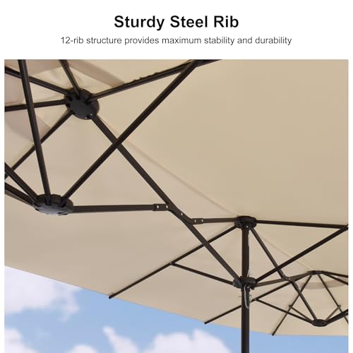 PURPLE LEAF 15ft Patio Market Umbrella with Base Double-Sided Rectangle Outdoor Table Sun Umbrellas with Crank 12 Heavy Duty Sturdy Ribs for Pool Beach Deck Backyard Khaki - color: Beige, size: 15' X 9'