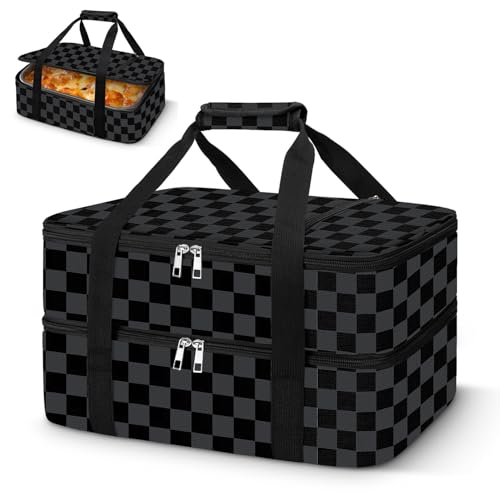 Coobiiya Insulated Casserole Carrier,Lasagna Lugger Tote Keeps Food Hot or Cold,Thermal Lunch Bag Warmer & Cooler Carrier Bag,Portable Tote Bag Fits 9" x 13" Baking Dish for Picnic and Cookout - color: Black Grid, size: Double Layer: 15.75 × 11.8 × 7.87 i