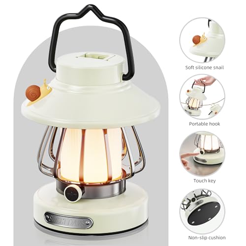 HOMY Snail Camping Lantern for Kids USB Rechargeable, 3 Color Dimmable LED Light, Portable Outdoor Indoor Night Light for Toddlers, Tent, Bedroom & Power Outages (Milk White) - color: White