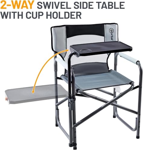 Portal Folding Director Chair with 2-Way Rotating Side Table, Heavy Duty 300 lb Camping Chair with Swivel Tray & Cup Holder, Ergonomic Mesh Back Portable Outdoor Seat for RV, Tailgating & Lawn, Grey