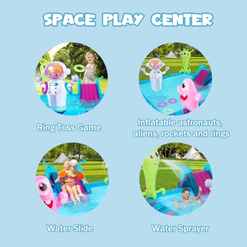 Inflatable Play Center Pool with Slide, Space Astronaut Square Kiddie Pool, 94.5" Square Outdoor Water Play Center with Sprinkler & Ring Toss for Summer Outdoor, Garden/Backyard Fun - size: 94.5"