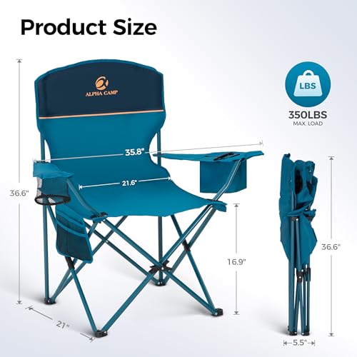 ALPHA CAMP Camping Chairs 350LBS Capacity, Heavy Duty Folding Chair with 4-Can Cooler Bag, Portable Outdoor Chair with Cup Holder for Adults, Collapsible for Tailgating, Beach, Fishing - color: Blue, style: camping chairs