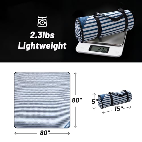 Large Waterproof Picnic Blanket 80"x80" – Extra Large Outdoor Mat for Beach, Park, Grass, Lawn, Camping, Sandproof & Portable, Foldable Rug, Wedding Registry Gift for Family & Travel - color: Chatham Blue Pinstripe