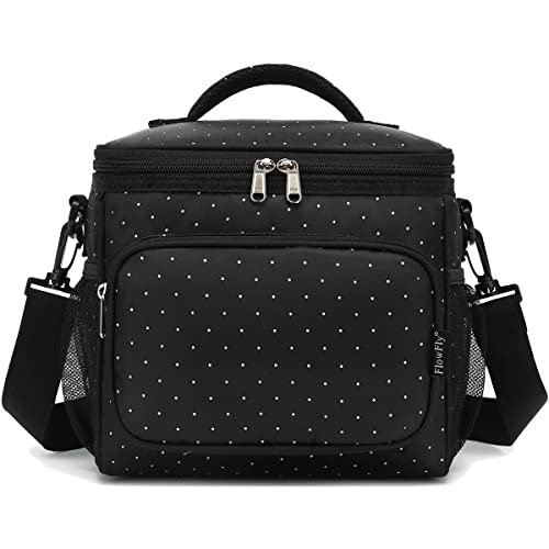 FlowFly Insulated Reusable Lunch Bag Adult Large Lunch Box for Women and Men with Adjustable Shoulder Strap,Front Zipper Pocket and Dual Large Mesh Side Pockets,Dot - color: Dot