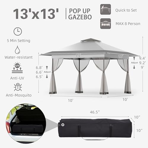 Bezseller 13x13 Pop Up Gazebo with Mosquito Netting – Easy 1-Person Setup, Water-Resistant Backyard Canopy for Family Patio & Garden Use,Light Grey - color: Light Grey, size: 13"x13"