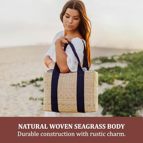 Picnic TIME Parisian Picnic Basket, Insulated Seagrass Picnic Basket, Waterproof, Stylish, Perfect for Picnics, Beach, Office Lunches, Dinner Parties, and Gifts (Beige with Navy Blue Accents) - color: Beige With Navy Blue Accents