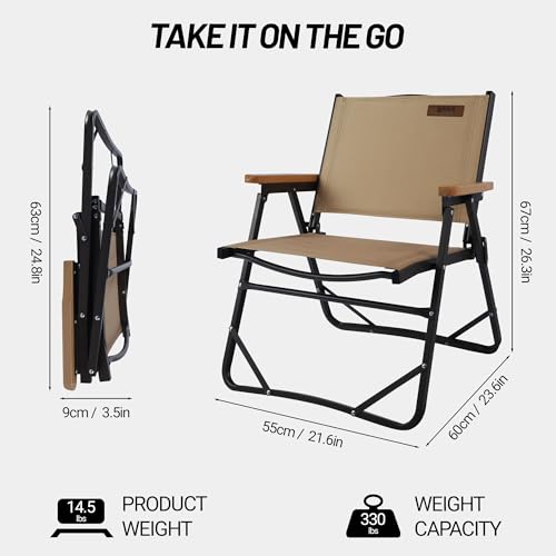 喜马拉雅 Lightweight Folding Camping Chair, Gravel Brown Aluminum Outdoor Beach Chair with Solid Wood Armrest, Portable Collapsible Fishing Chair for Hiking Beach Backpacking Lawn Picnic (2)