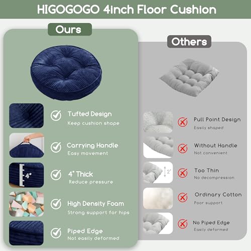HIGOGOGO Floor Pillow Cushion for Adults, Meditation Cushion Pillow, Large Round Floor Sitting, Tufted Corduroy Cover, for Tatami Living Room or Yoga, 22x22 Inch, Navy - color: Round Navy, size: 4" Thick(Pack of 1)
