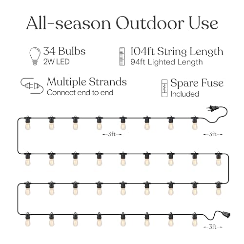 Brightech Ambience Pro 105Ft LED String Lights - 2W Commercial Grade Patio Lighting Outdoor Waterproof - Heavy Duty Dimmable Vintage Edison Porch Lights for Outside, Backyard - 34 Bulbs, Soft White - style: 105 Foot - Soft White (2700K)
