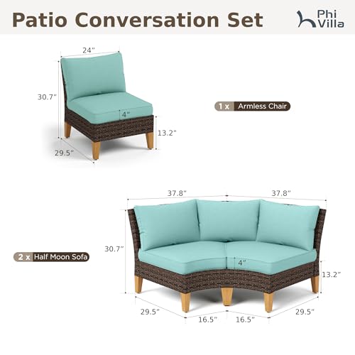 PHI VILLA 3-Piece Half-Moon Patio Furniture Set, Outdoor Curved Sectional Sofa Conversation Set with Cushions, Wicker Modular Couch for Garden, Deck, Backyard, Aqua Blue - color: Aqua Blue, size: 5 Seats - Half Moon