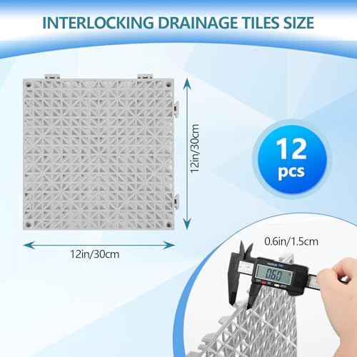 Dollate 12 Packs Interlocking Drainage Tiles, 12"x12" Modular Drainage Floor Tiles, Non-Slip Comfortable and Soft Snap-On Floor for Shower Rooms, Kitchens and Courtyards, Grey - color: Gray
