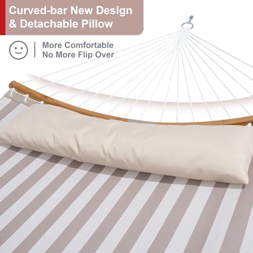 Double Hammock with Stand for Outside, Quick Dry Hammock with Curved Spreader Bars, Pillow and Carrying Bag, 450 Lbs Capacity, Light Brown Stripe - color: Zquick Dry-light Brown Stripe