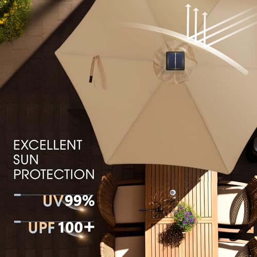 wikiwiki 7.5FT Solar Led Patio Umbrella, Sturdy Outdoor Market Umbrella for Deck, Pool, Garden w/Tilt, Crank, 18 LED Lights, Tan - color: Tan, size: 7.5ft
