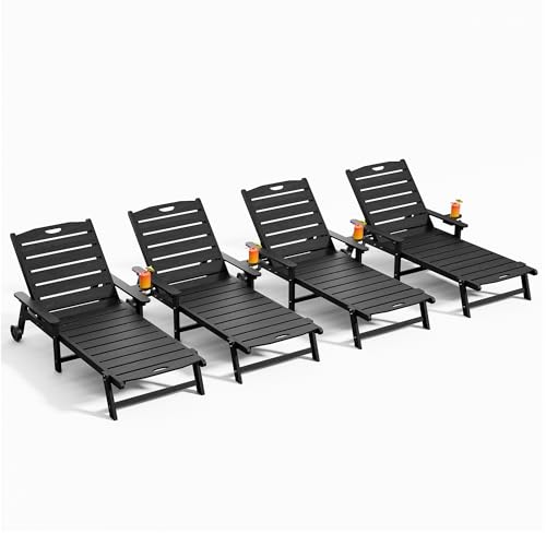 Outdoor Lounge Chair Set of 4 with 5-Position Adjustable, Outside Lounge Chair with Cup Holder, Wheels for Easy Mobility, HDPE Tanning Chair for Poolside, Patio, Black - color: Black, size: 4pc