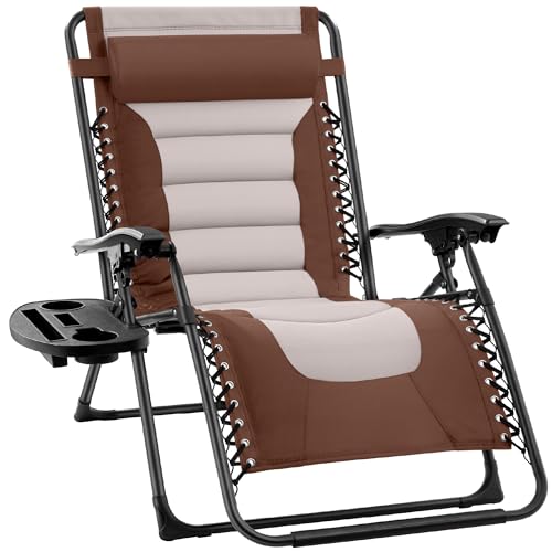 Best Choice Products Oversized Padded Zero Gravity Chair, Folding Outdoor Patio Recliner, XL Anti Gravity Lounger for Backyard w/Headrest, Cup Holder, Side Tray, Polyester Mesh - Brown/Oyster - color: Brown/Oyster